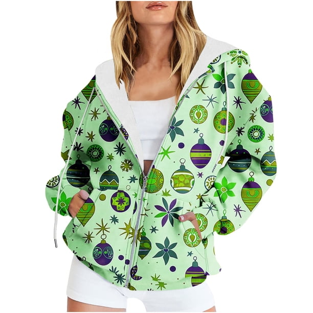 Puntoco Chaqueta Con Capucha Y Manga Larga Con Cremallera Y Estampado Navideño Informal Para Mujer