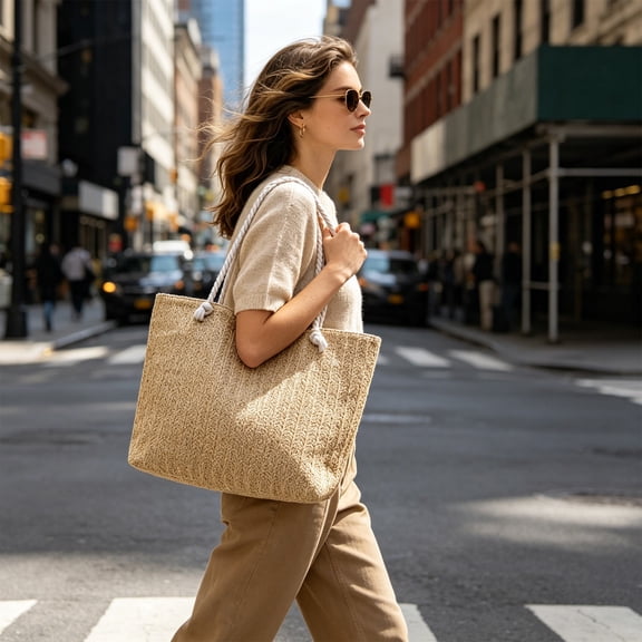 Woven Tote Bag with Cotton Rope Handles Large Capacity Foldable for Women Summer Beach Vacation Daily Use