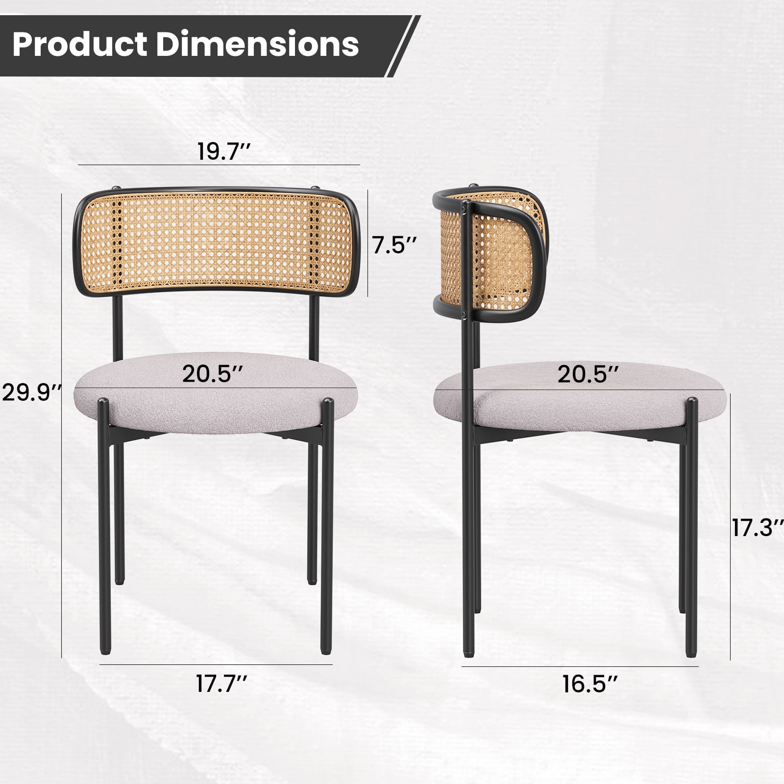 Farini Upholstered Dining Chair Set of 4, Rattan Backrest Kitchen Chair, Light Grey