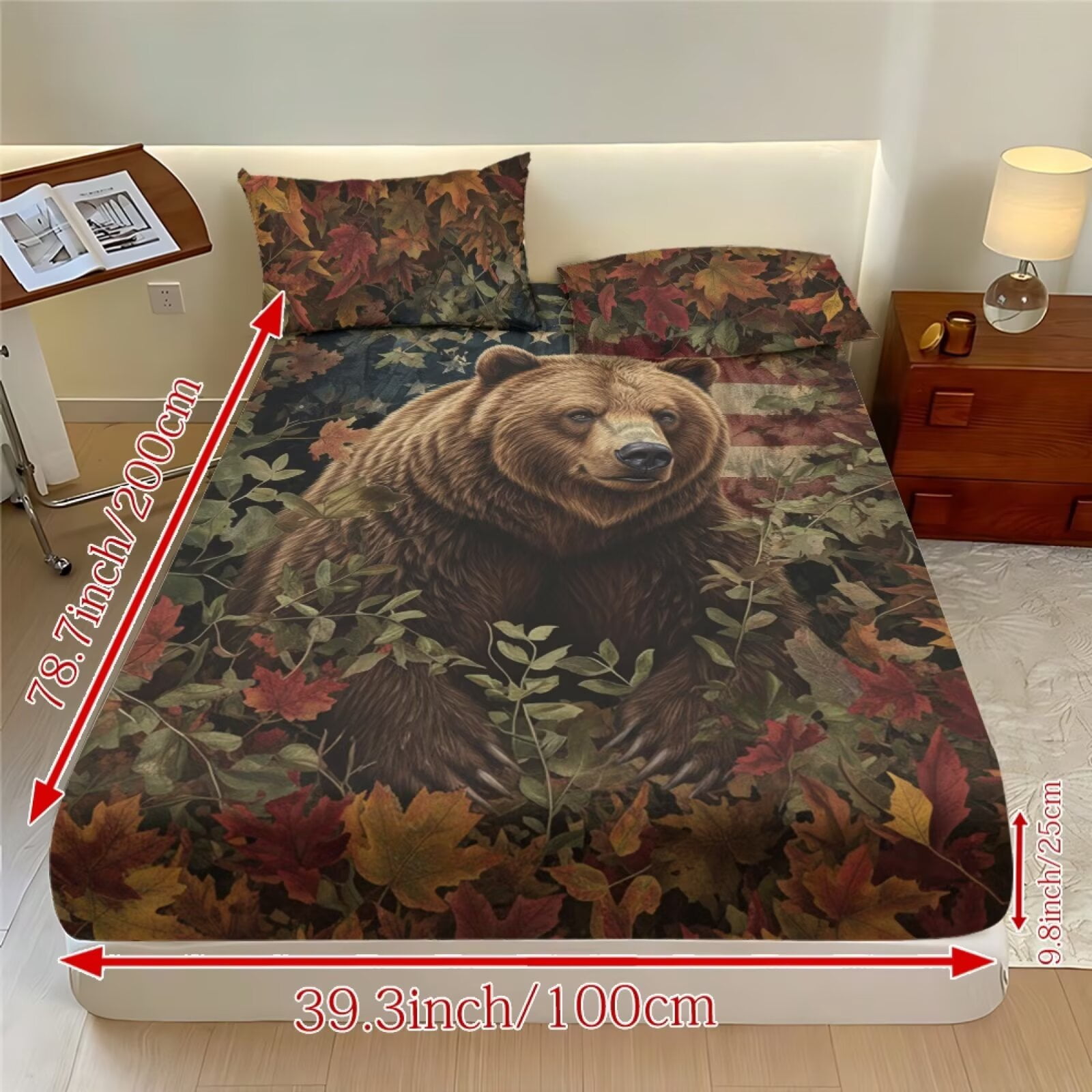 ZIATUBLES Queen Size Sheet Set-Soft Stretchy 3 Piece Bedding with 9.8" Pocket Fitted Sheet and 2 Pillowcases, Breathable Comfy Bedding for Bedroom, Autumn Leaf Brown Bear Print
