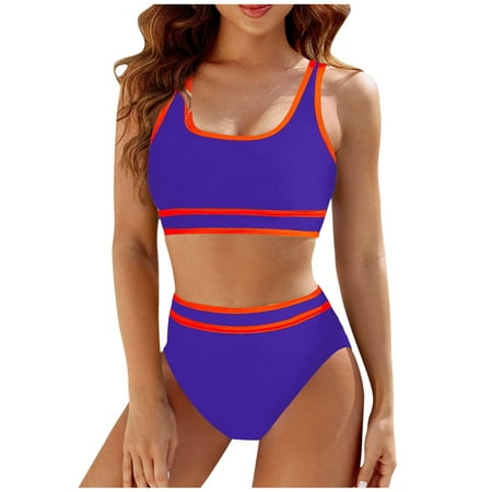 Wxirdiow Women s High Waisted Bikini Sets Sporty Two Piece Swimsuits Color Block Cheeky High Cut Bathing Suits (Purple 2  M)