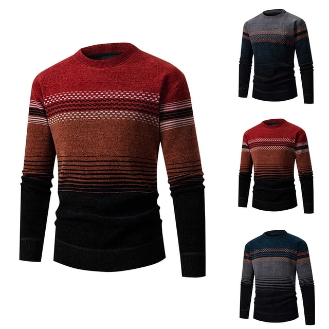 LOVZFMLL Chandails pour Hommes, Chandail à Col Rond Côtelé à Rayures Color Block, Mode Décontractée, Vêtements d'Automne, Hauts d'Hiver Chauds
