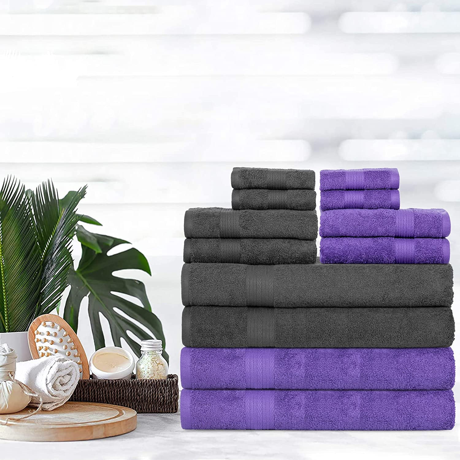 Ample Decor Bathroom Towel Set of 12- 4 Bath Towel, 4 Hand Towel, 4 Hand Towel- Machine Washable - Grey & Purple