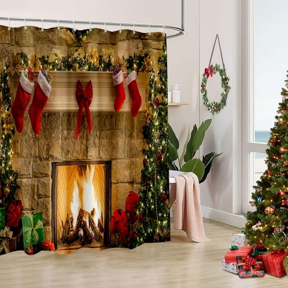 Fabric Christmas Shower Curtain, Red Christmas Shower Curtains for Bathroom, Winter Holiday Bathroom Decor, Xmas Tree Fireplace Pattern