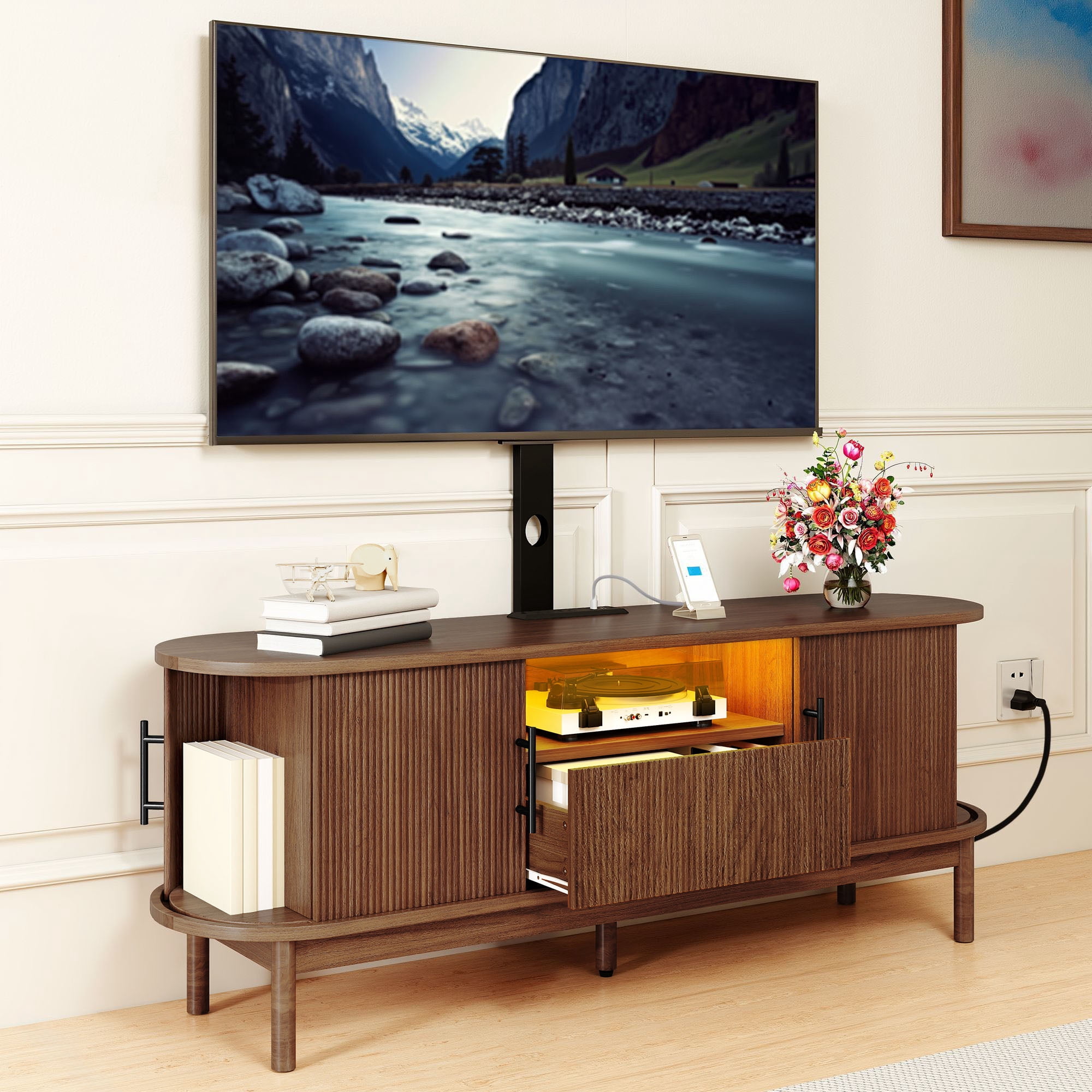 Uforic Modern TV Stand for 32-70 inch,Entertainment Center with LED Light& Door,Media Console Table