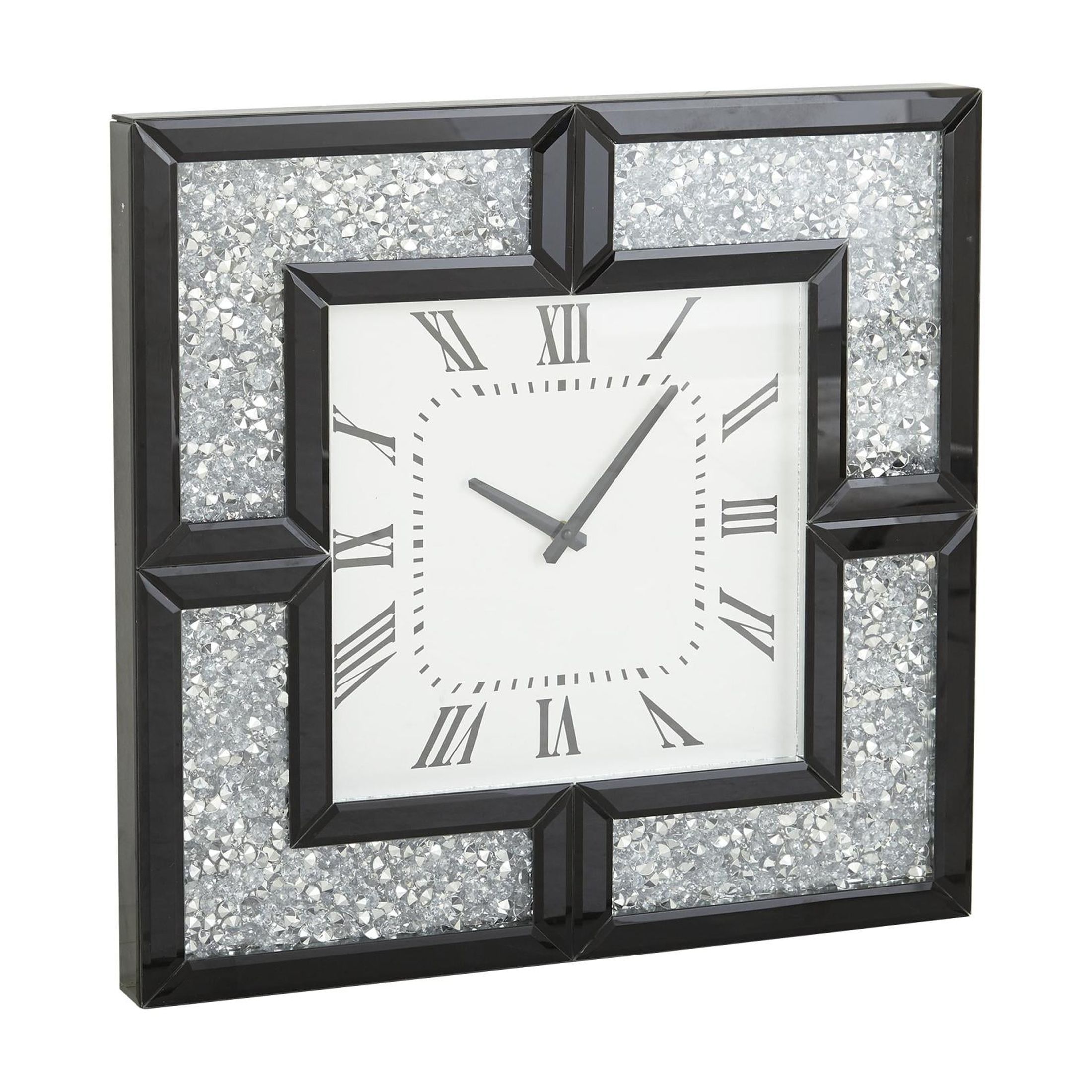 DecMode 20" Black Glass Mirrored Wall Clock with Floating Crystals