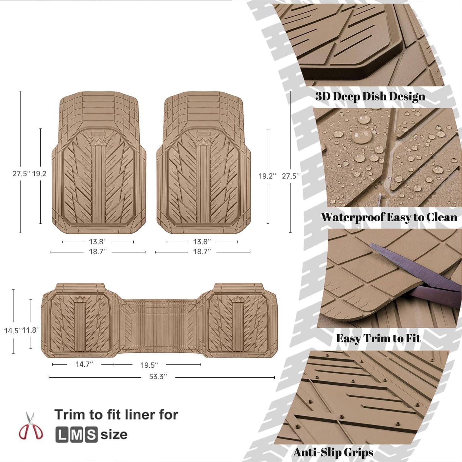 CAR GRAND Heavy Rubber Car Floor Mats, Deep Waterproof Car Mats All Weather, Universal Trim-to Fit Automotive Floor Mats for Car SUV Truck Van, Durable Floor Liners All Beige