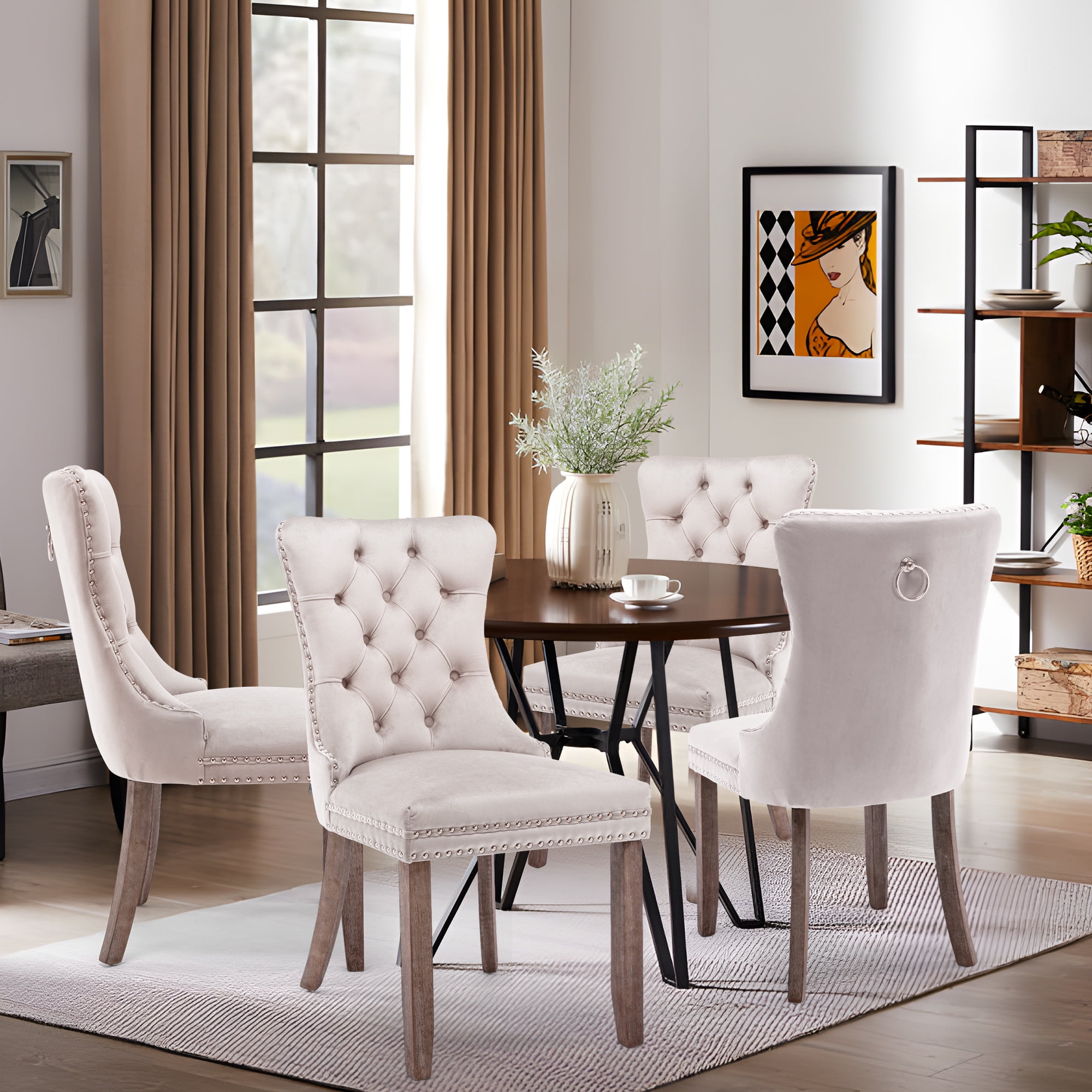 DONICK Velvet Beige Upholstered Dining Chairs Set of 2, Kitchen & Dining Room Chairs Nailheads Tufted Soft Solid Wood Frame
