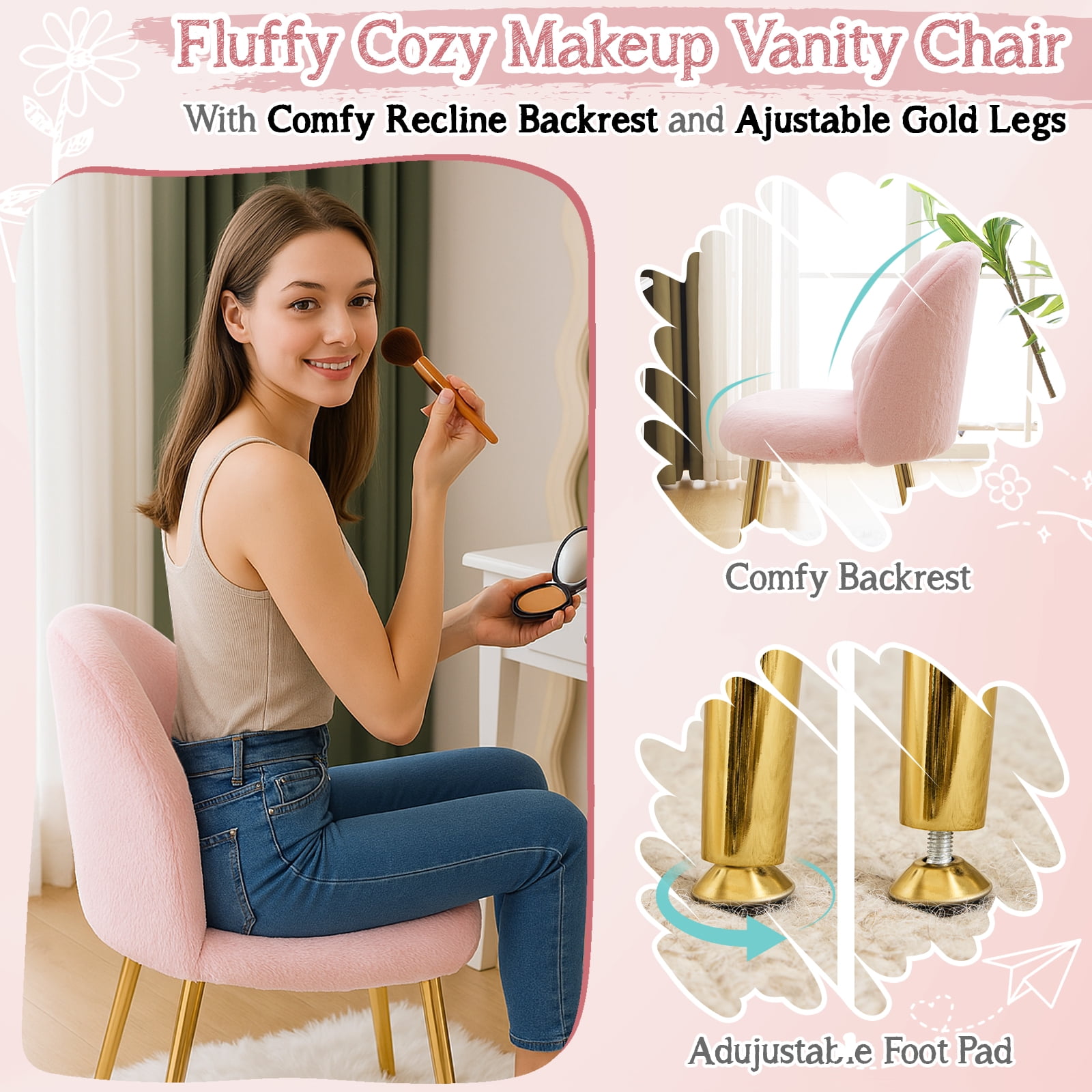 Zimtown Vanity Makeup Chair Armless Home Office Chair for Bedroom or Study Faux Rabbit Fur, Pink