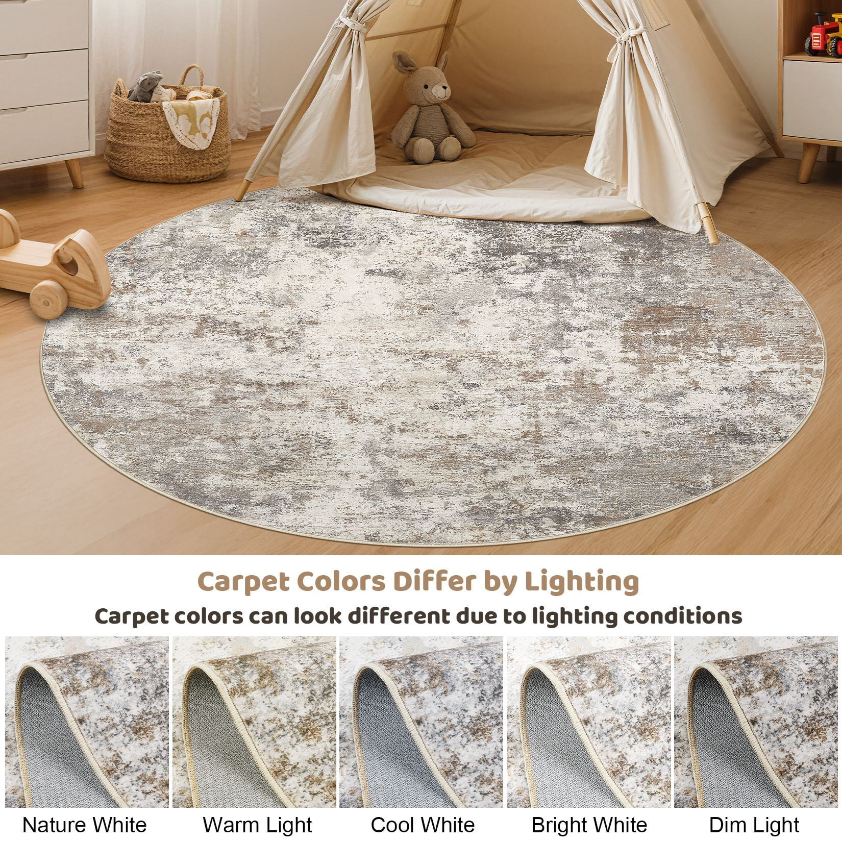 Toyoso 8x8 Round Washable Area Rug Large Abstract Modern Brown Grey Circle Rug Machine Washable Luxury Area Rug For Living Room Dining Room Foyer Home Decor