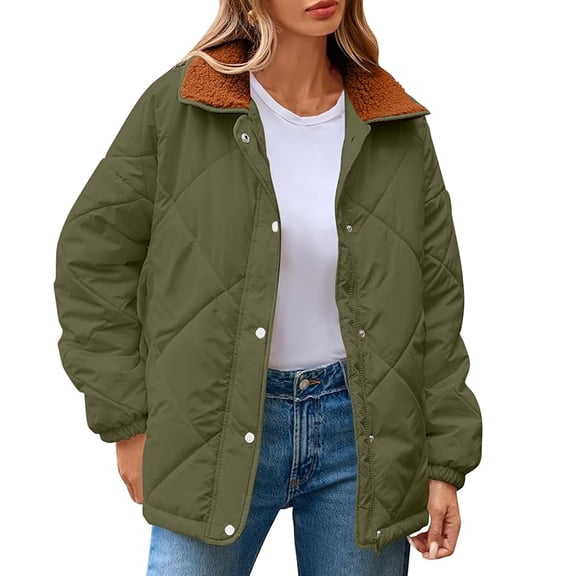 DHFJKG Quilted Padded Jackets For Women Long Sleeve Snap Button Collared Loose Fit Lightweight Coat Versatile Outerwear