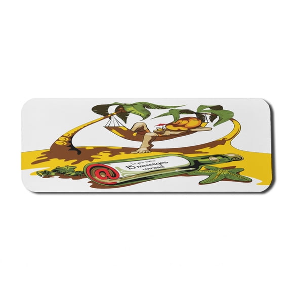 Beach Computer Mouse Pad, Image of Young Man in Hammock and Message in a Bottle at Beach Design, Rectangle Non-Slip Rubber Mousepad Large, 31" x 12" Gaming Size, White Green Yellow, by Ambesonne