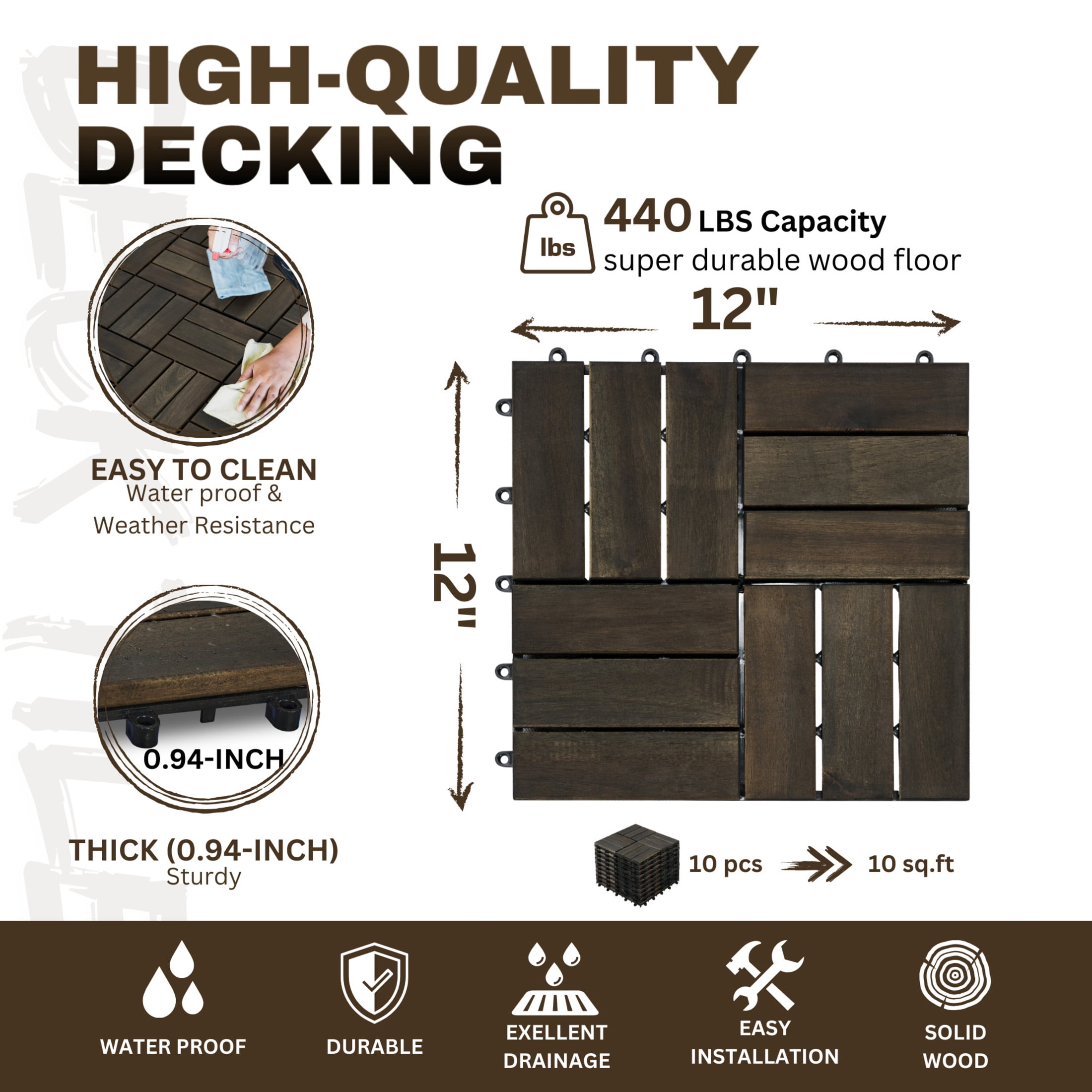 Noble House 12" Checker Acacia Wood Interlocking Deck Tiles, All-Weather Hardwood Patio Flooring, Dark Brown, 10 PCS
