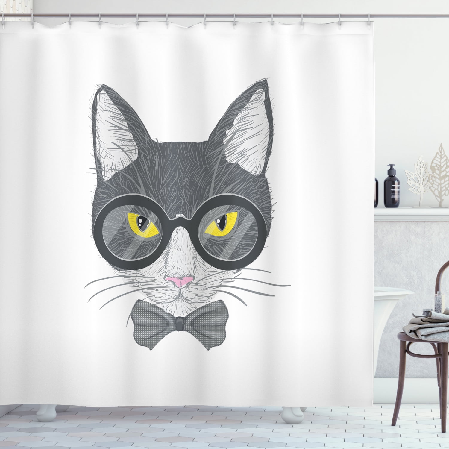 Geek Shower Curtain, HandDrawn Artistic Cat Illustration in Greyscale