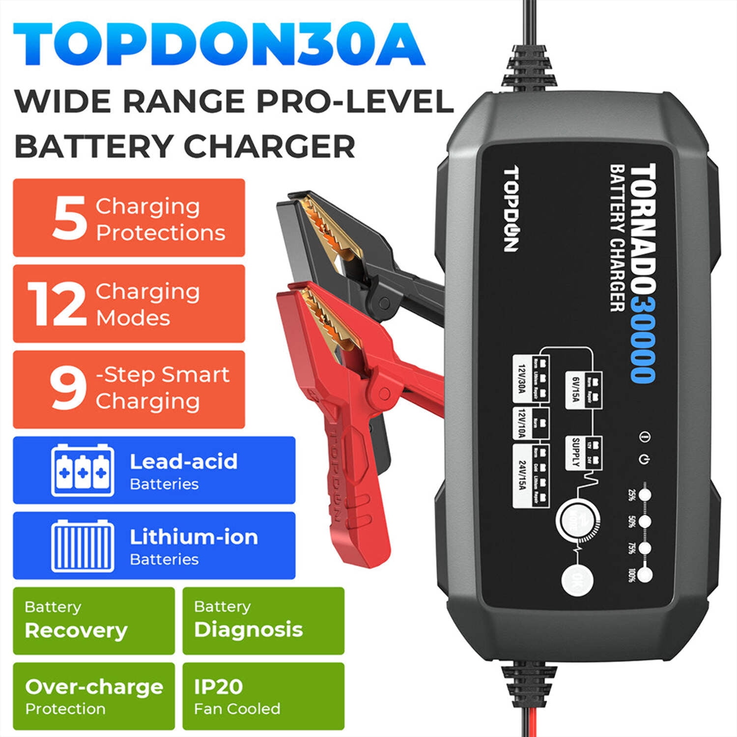 TOPDON Tornado30000 - 30A Smart Charger and Power Supply 12V/24V, Lithium
