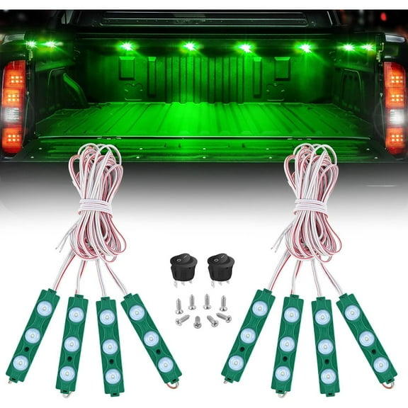 8PCS Truck Pickup Bed Light 24LED Green Cargo Rock Lighting Kits with Switch for Van Off-Road Under Car Side Marker Foot Wells Rail, 2 Years Warranty