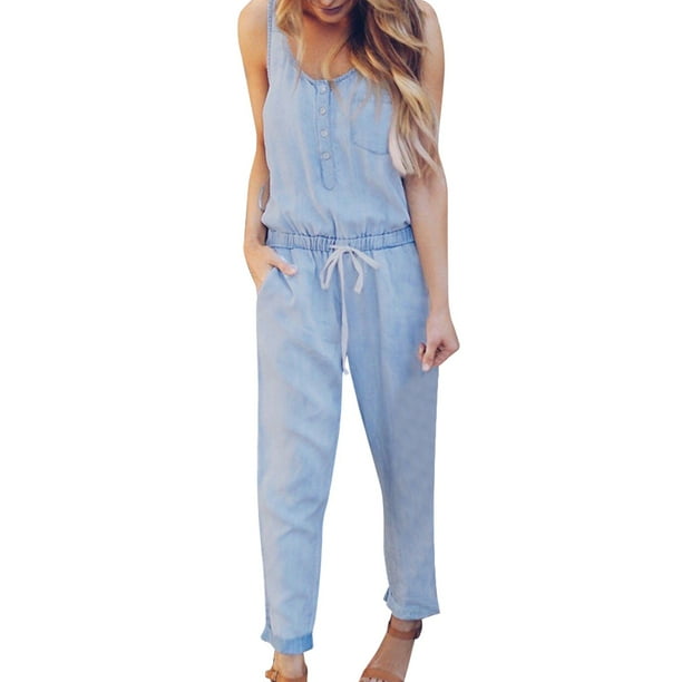 Denim strappy jumpsuit sales