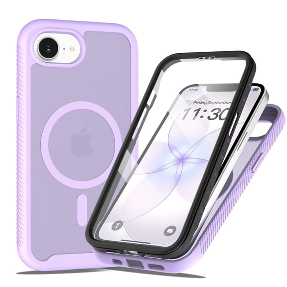 Magnetic Case for Apple iPhone 16e/ iPhone 17e with Built-In Screen Protector, Full-Body TPU PC Protective Cover Compatible with Magsafe Translucent Matte Cover, Purple