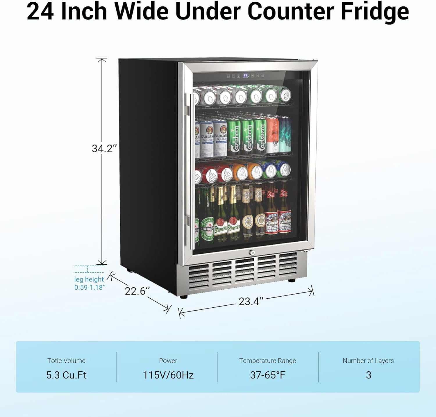 Joreek 24 Inch Beverage Refrigerator & Cooler Under Counter with Safty Lock Outdoor Patio Fridge for Drinks, Soda, Beer, Wine, 37～65°F Adjustable Temperature & Memory