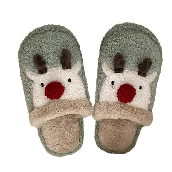 JeashCHAT Christmas Reindeer Fuzzy Slippers Cotton Slippers Winter Indoor Outdoor Closed Toe Slippers for Women Bedroom Slip On Shoes (Light Blue)