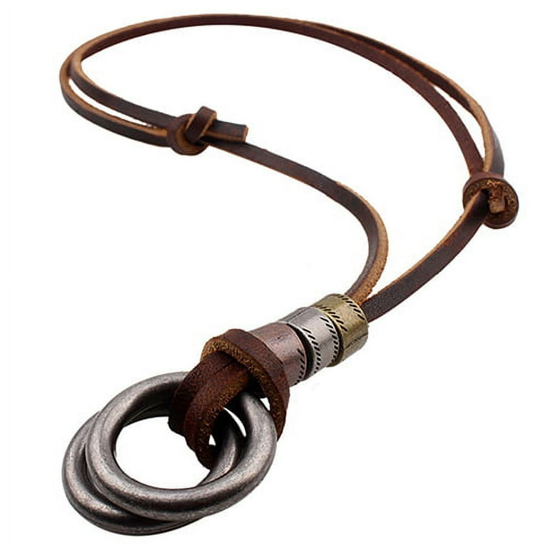 AYYUFE Men Leather Cord Double Circle Ring Pendant Necklace 