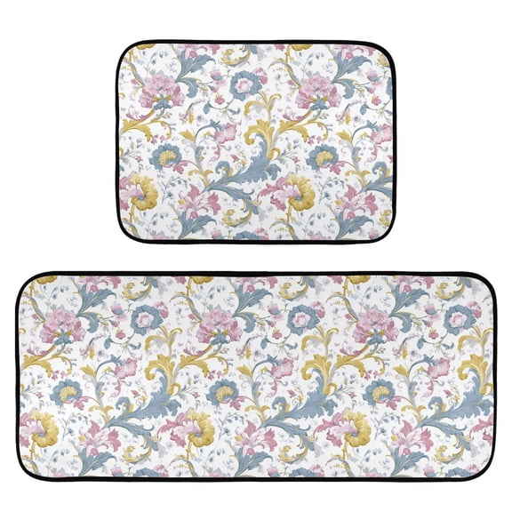 2-Piece Kitchen Mat Set Non Slip Washable Floor Mats Decorative Rugs for Kitchen Sink Laundry Pink and Blue Floral Pattern
