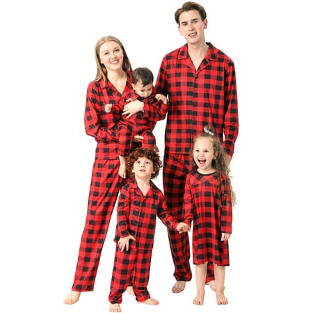 

Youweixiong Matching Family Pajamas Buffalo Grid Christmas PJ s Holiday Nightwear Button Lapel Xmas Sleepwear