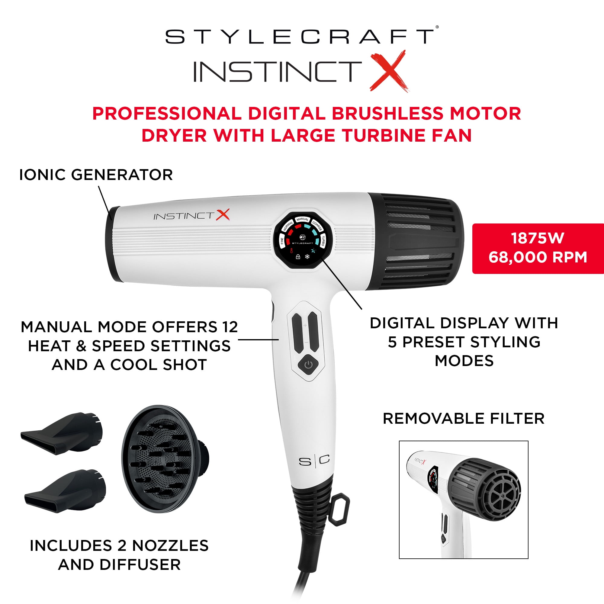 StyleCraft Instinct-X Professional Ionic Hair Dryer with Digital Display 2 Nozzles 1 Diffuser White