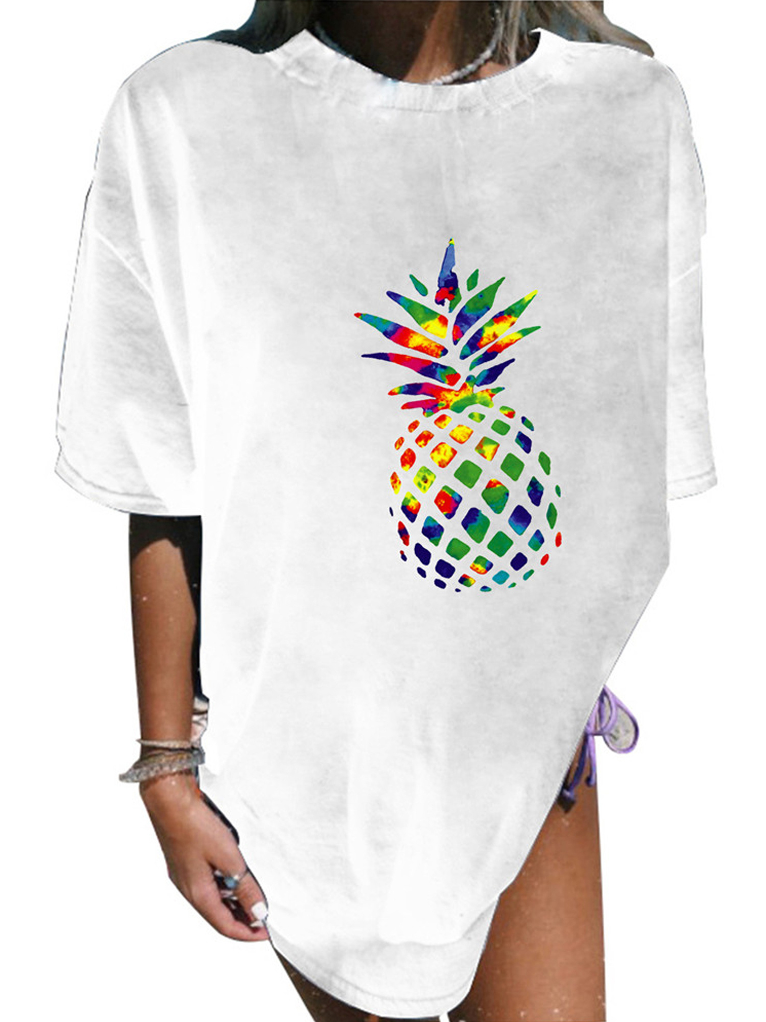 Women Short Sleeve Pineapple Print Crew 