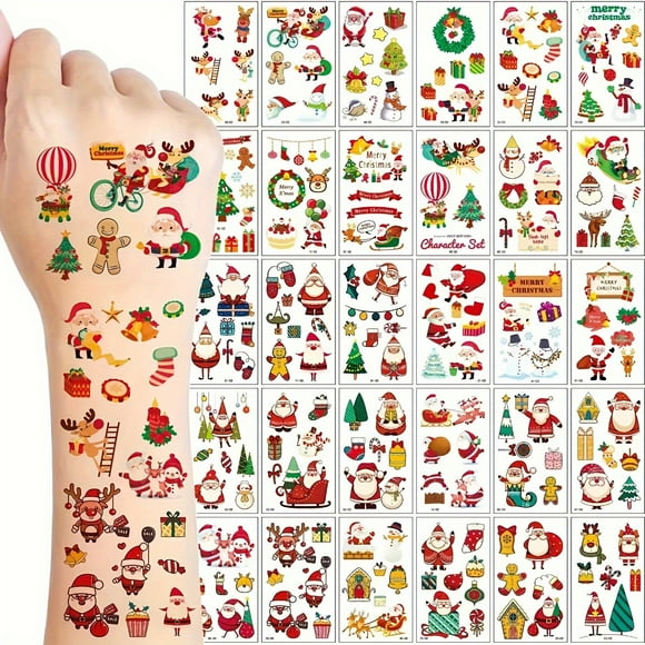 30pcs Christmas Tattoo Stickers - Santa Claus, Elk, Star, Christmas Tree, Gift Candy Designs, Waterproof, Lasts 2-3 Days, Makeup Remover Washable, Rectangular Shape, for Holiday Parties / All Skin Typ