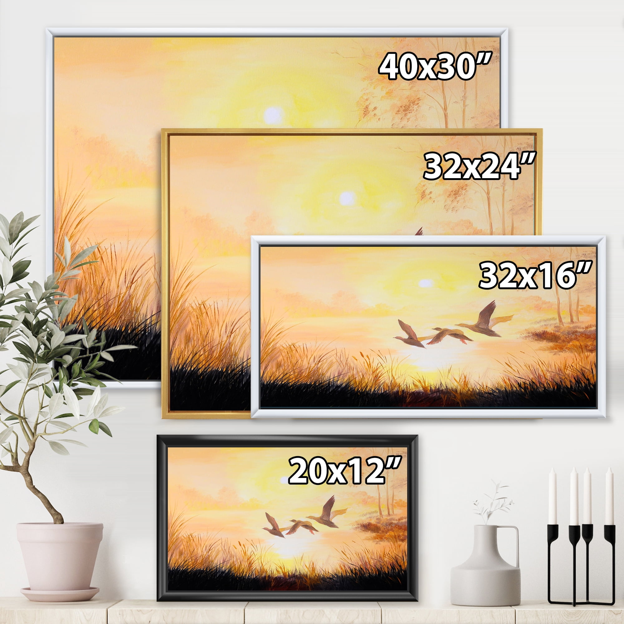 Designart 'Three Cranes Flying Through Warm Sunset' Traditional Framed Canvas Wall Art Print