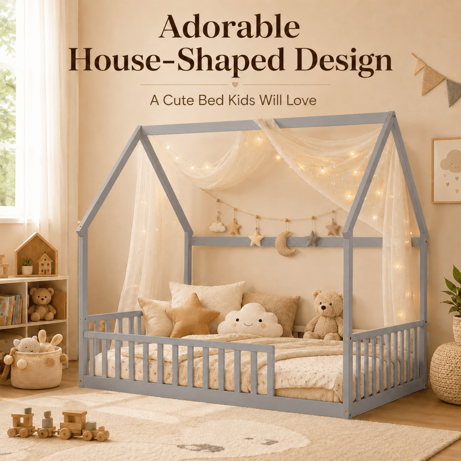 Miniyam Full Size Kids House Floor Bed with Fence, Wood Montessori Bed Frame, Gray
