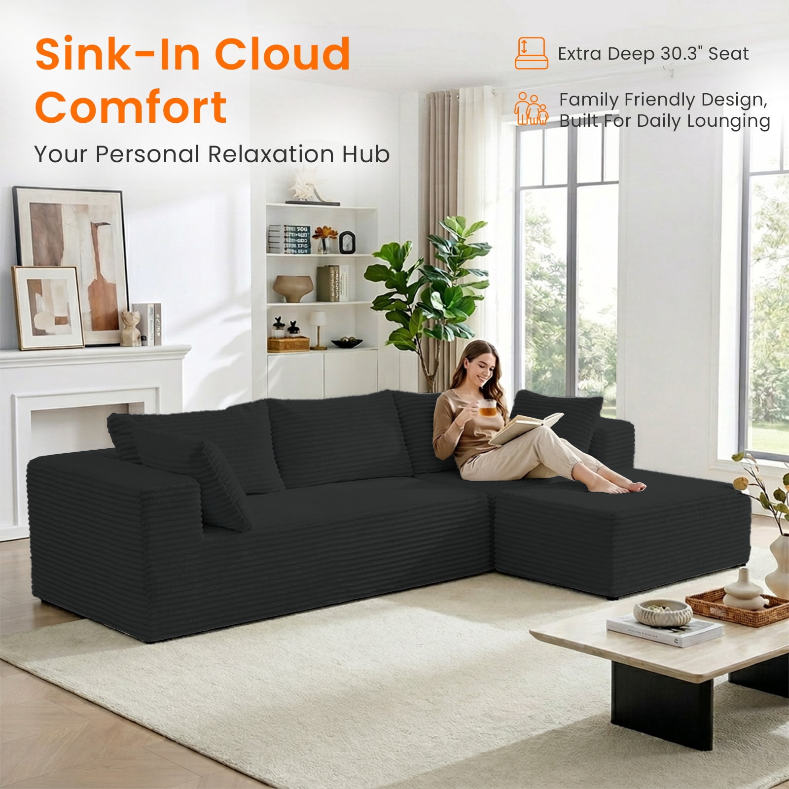 ZAFLY 110" Cloud Sectional Sofa, Modular Corduroy Deep Seat Couch, L Shaped Couches for Living Room - Black