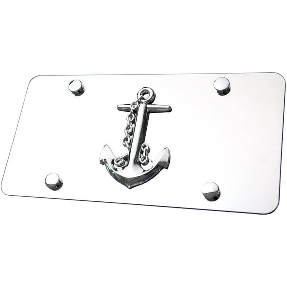 LFPartS Navy Ship Anchor 3D Emblem on Polished Stainless Steel License Plate (Plate 12"x6", Chrome Emblem on Chrome)