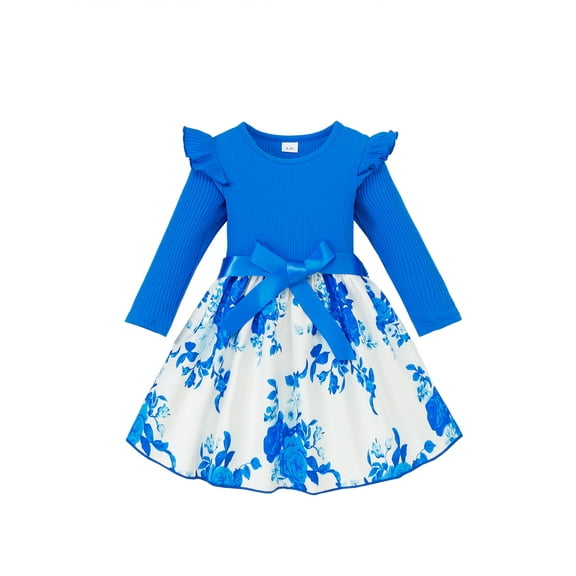KIMI BEAR 4T Toddler Girls Dress 5T Toddler Girls Winter Clothing Round Neck Ruffle Long Sleeves Knit Dress Floral Dress Waistband A-line One-piece Dress Blue
