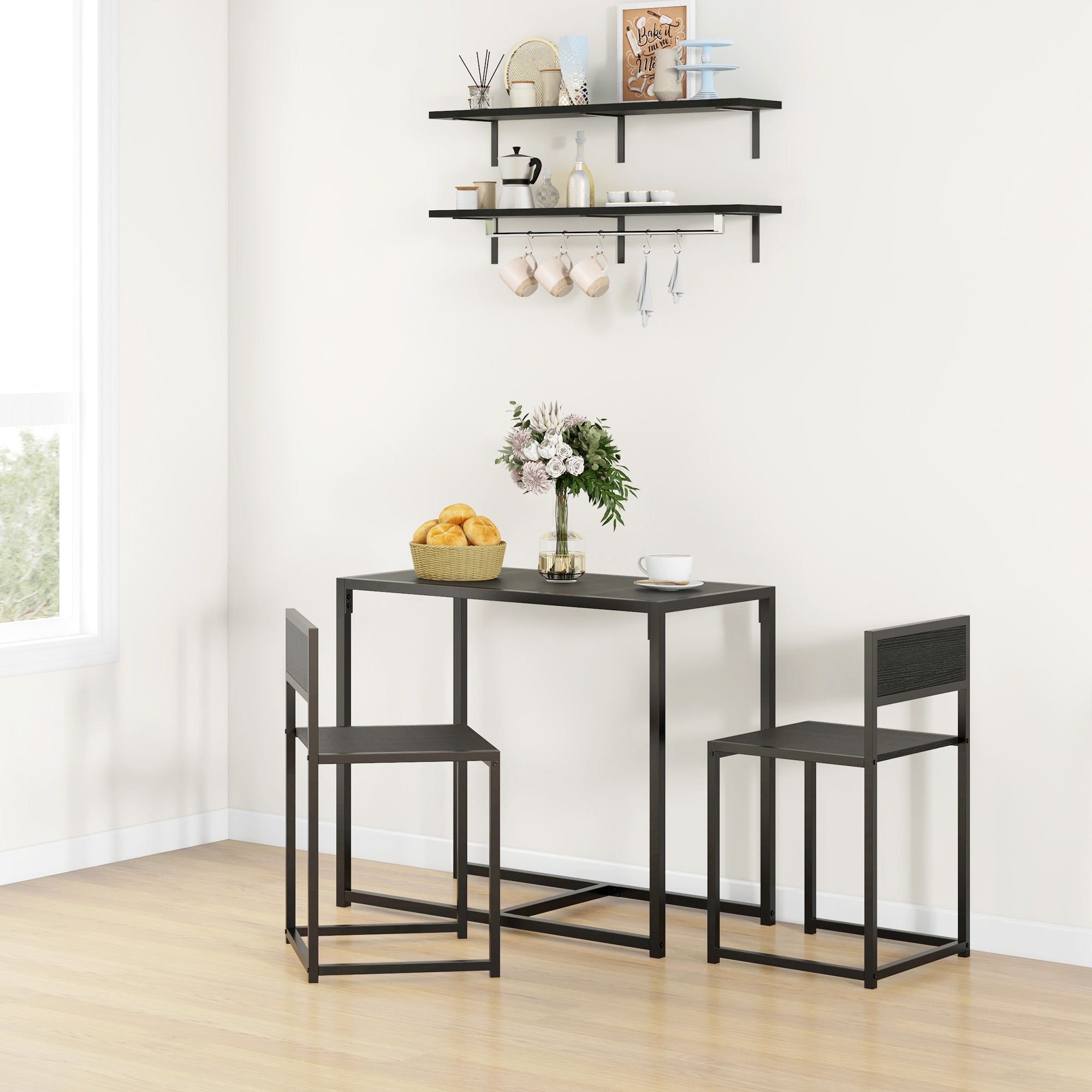 3-Piece Dining Room Set, Industrial Kitchen Table Set with Rectangular Table and 2 Dining Chairs, Black