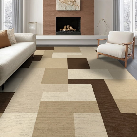 ODIKA 8'x10' Washable Area Rug Beige Abstract Interlocking Shapes Neutral Blocks Brushstroke Large Flowing for King Size Bedroom Under Bed, Master Suite, Non-Shedding, Easy Care