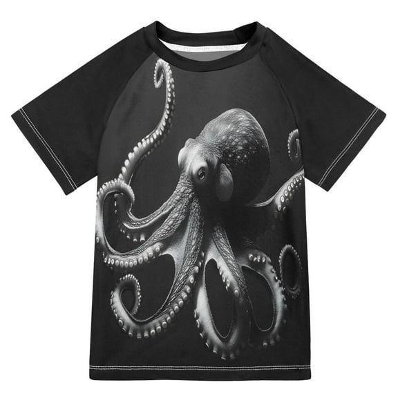 FORMRS Boys Rash Guard with Short Sleeves UPF 50 Swim Shirts Sizes 3-12T, Gray Octopus