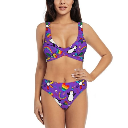 Zeuib Rainbow Lgbt Penguin High Waisted Tummy Control Bikini Set - Knot Front Push Up Top & Cheeky Thong Bottom  Two-Piece Swimsuit for Women-XX-Large