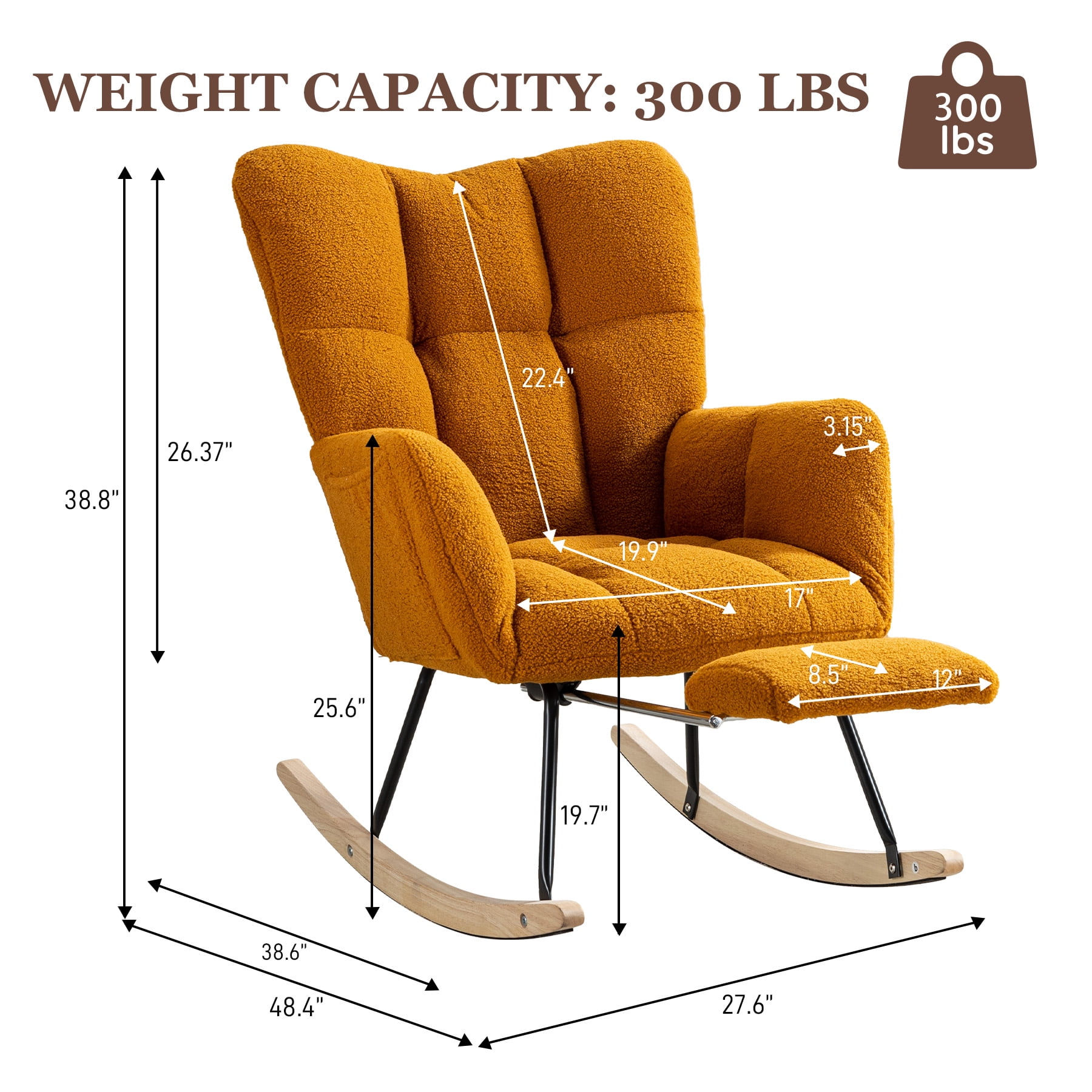 WIILAYOK Rocking Chair with Foot Rest,Teddy Upholstered Glider Chair with High Back Side Pocket Accent Rocker Arm Chair for Living Room Bedroom Office,Caramel
