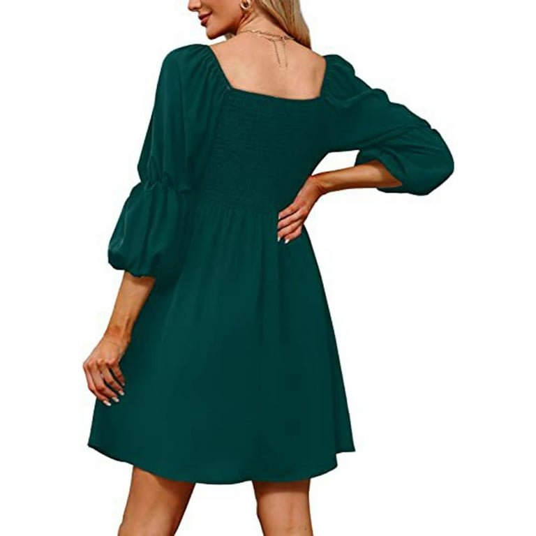 BEEYASO Clearance Summer Dresses for Women 3/4 Sleeve A-Line Knee Length  Fashion Floral Square Neckline Dress Dark Green 2XL 