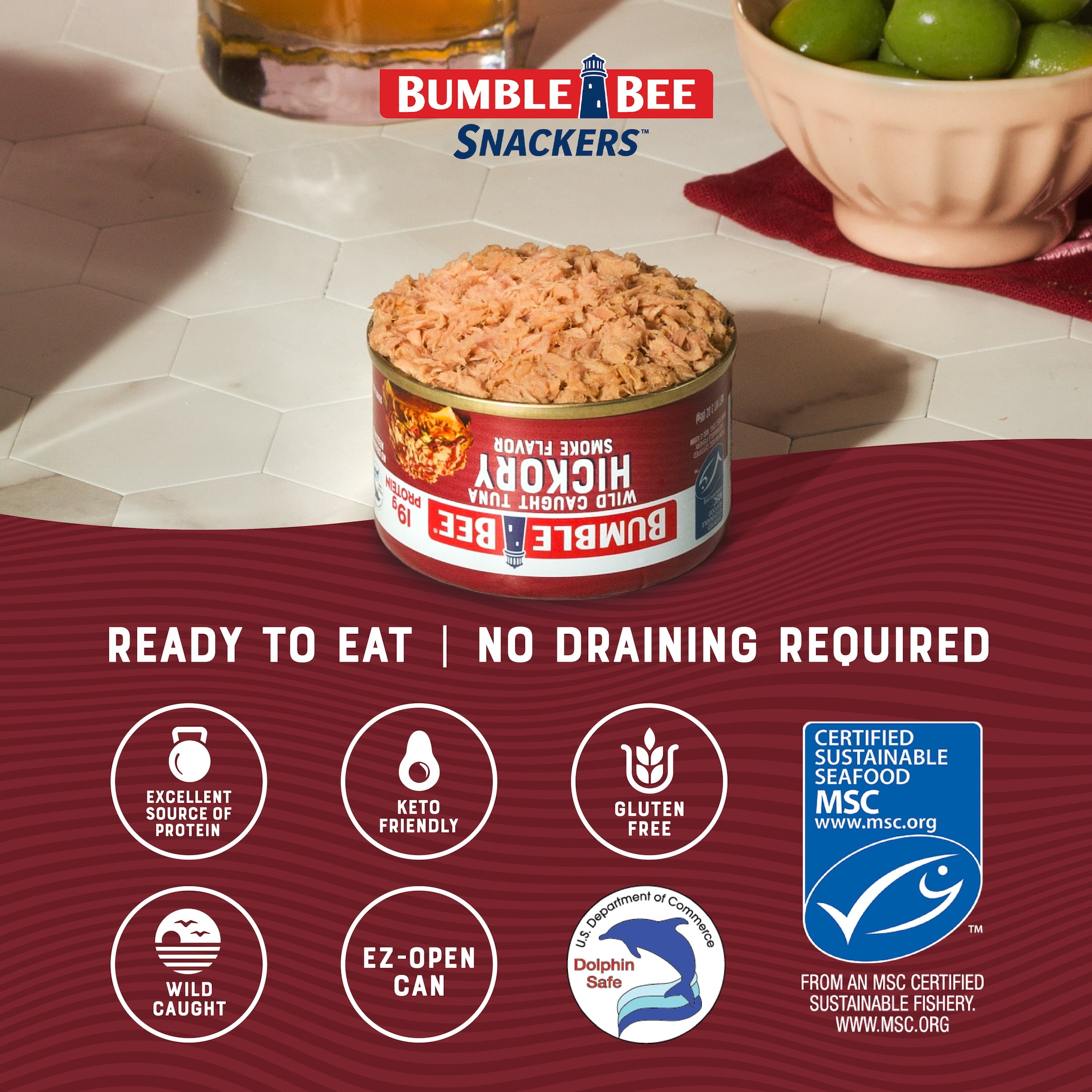 (16 pack) Bumble Bee Hickory Smoke Flavored Light Tuna, Wild Caught, Gluten Free, 19g Protein per Serving, Ready to Eat, No Draining, Shelf Stable Pull Tab Can, 3 oz