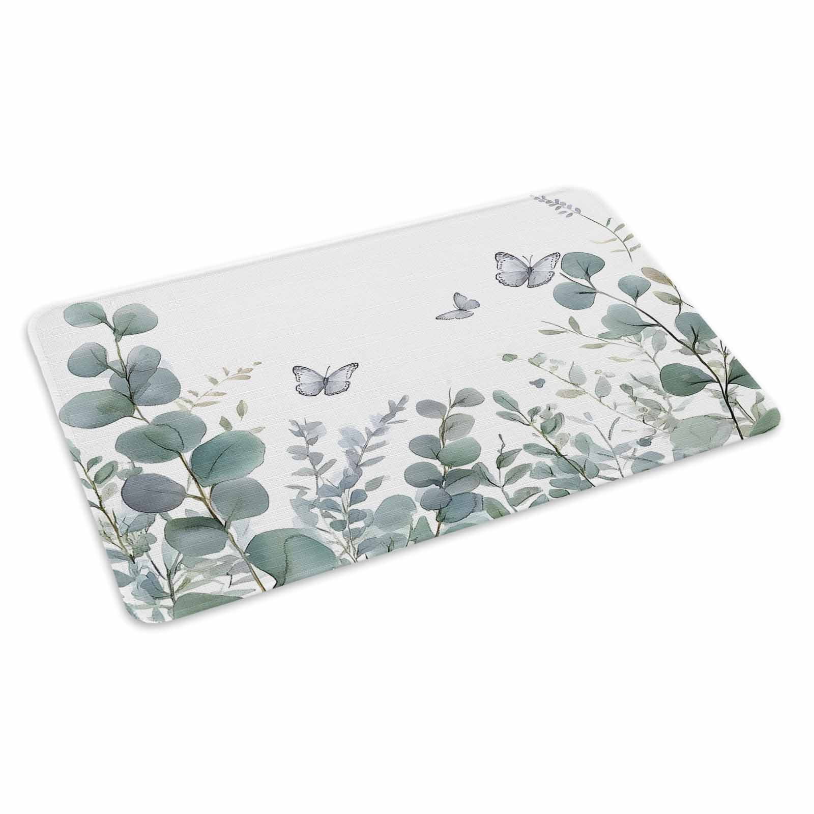 Teal Eucalyptus Leaves Doormat Outdoor Entrance 24"x36", Butterflies Summer Botanical Absorb Moisture Dirt Door Mats, Non-Slip Rubber Backing Floor Mats Indoor, Low-Profile Front Door Rugs