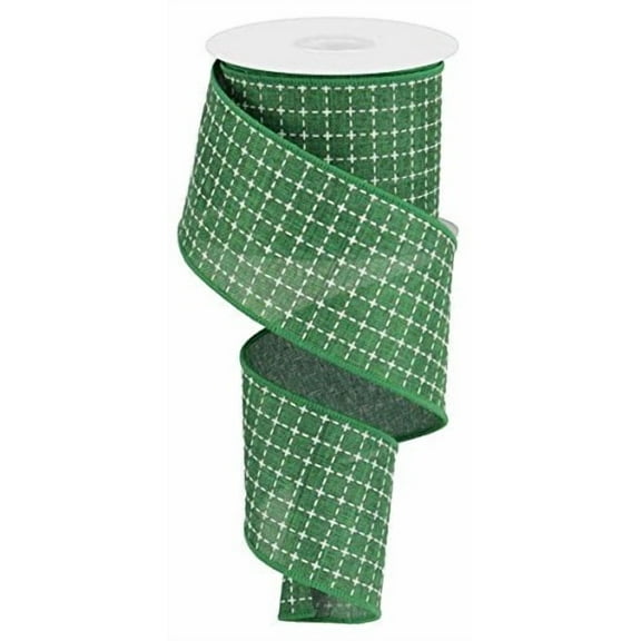 Emerald Green White Raised Stitched Squares Wired Ribbon (2.5 Inches x 10 Yards)