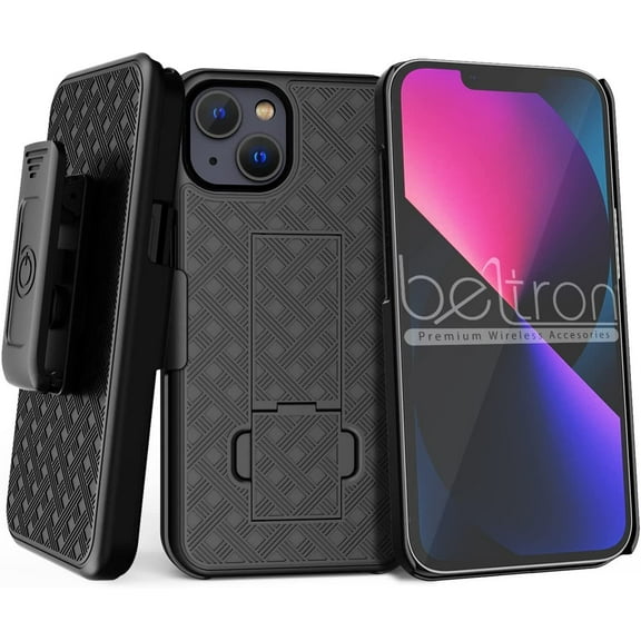BELTRON Combo Case with Belt Clip for iPhone 13, Super Slim Rubberized Grip Case & Swivel Belt Clip Holster with Built-in Kickstand Black