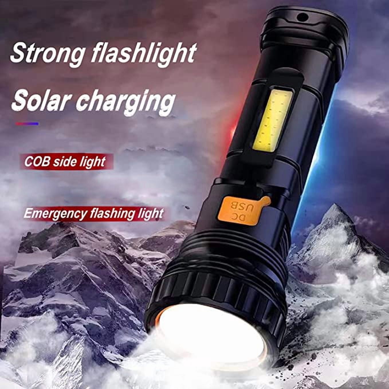2 Pcs Solar Rechargeable Multi Function 1000 Lumens LED Flashlight, with Emergency Strobe Light and 1200 Mah Battery, Emergency Power Supply and USB Charging Cable, Fast Charging