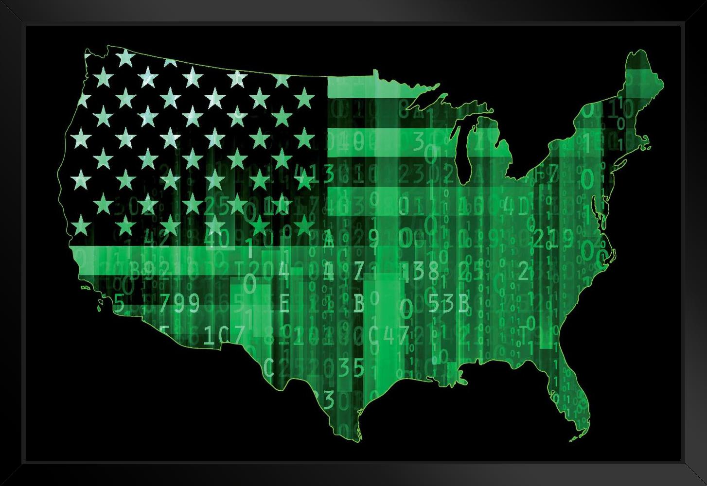 Cyber Security USA Map Digital Map With Cities In Detail Map Posters For Wall Map Art Wall Decor Country Illustration Technology American Flag Cool Wall Decor Art Print Poster 36x24