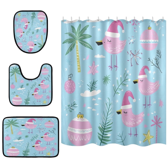 Christmas Coconut Palm Flamingo Bathroom Accessory Curtain Sets Bath Curtain Anti-Slip Mats and Toilet Pad 66x72in
