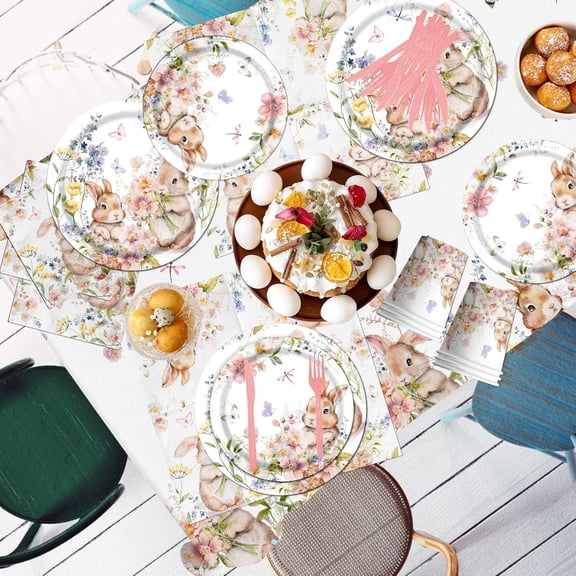 Easter Bunny Decorations Floral Bunny Tableware Plates and Napkins Kit Vintage Rabbits Spring Party Supplies
