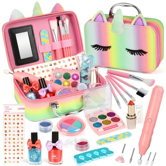 UQN Girls Makeup Kit with Unicorn Makeup Bag, Little Girls Makeup Kit for Kids 4-8-12 Toys, Pretend Princess Christmas/Birthday Gift for Kids Toddlers 4 5 6 7 8 9 Years